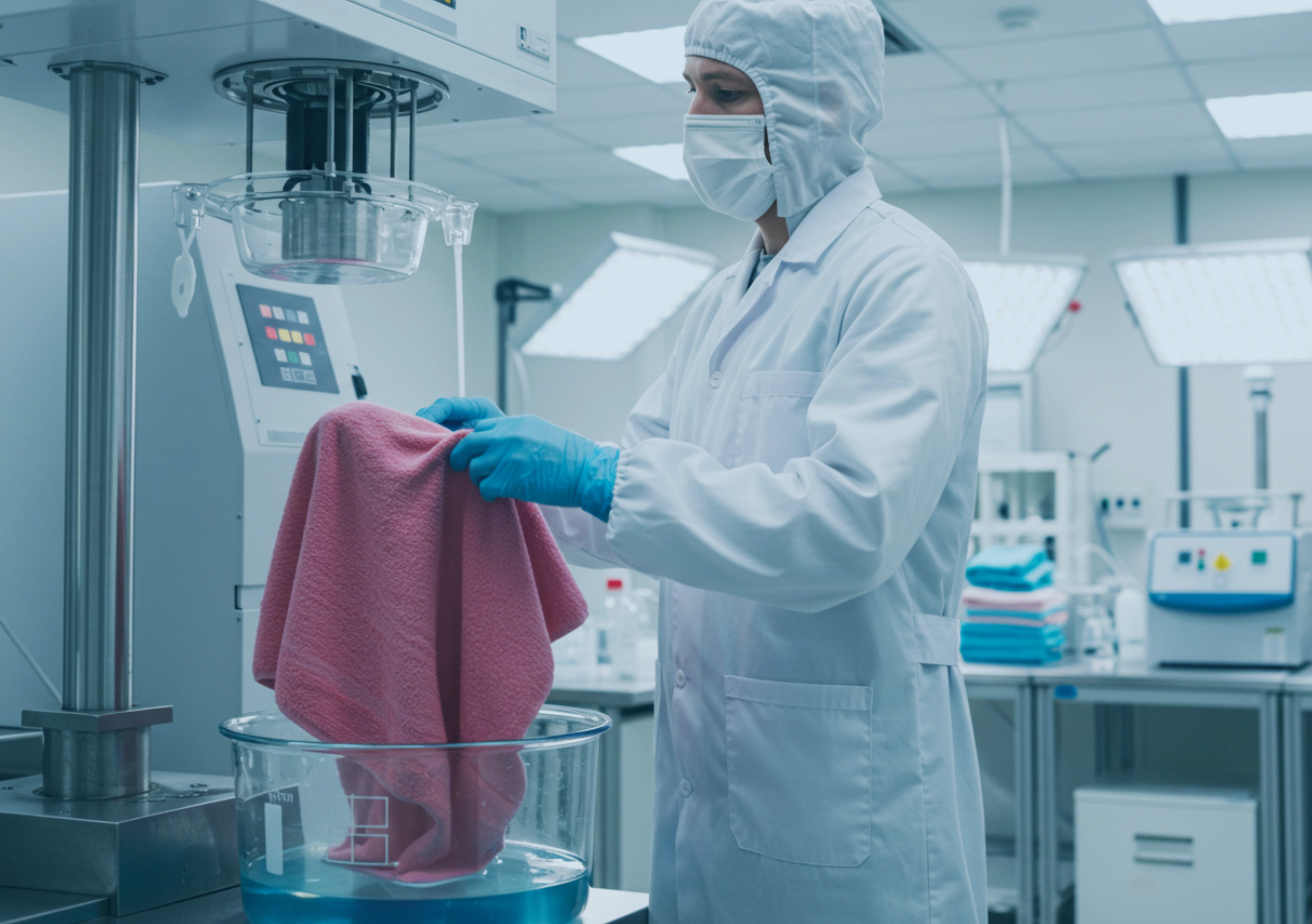 inspecting dyeing pink towel